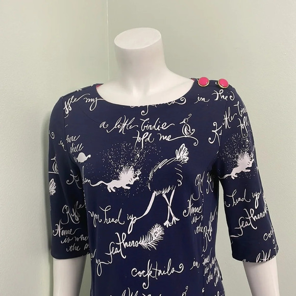 Lilly Pulitzer Navy Blue Pink Ruffle My Feather Script Print Dress Size Small - Picture 2 of 10